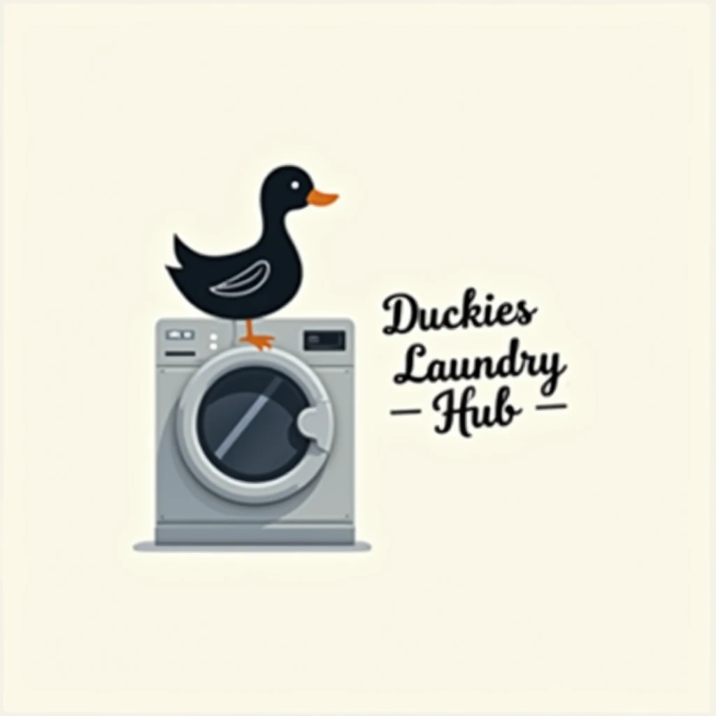 simple logo with black duck sitting at the washing machine, put caption at the right of the picture with "Duckies Laundry Hub"