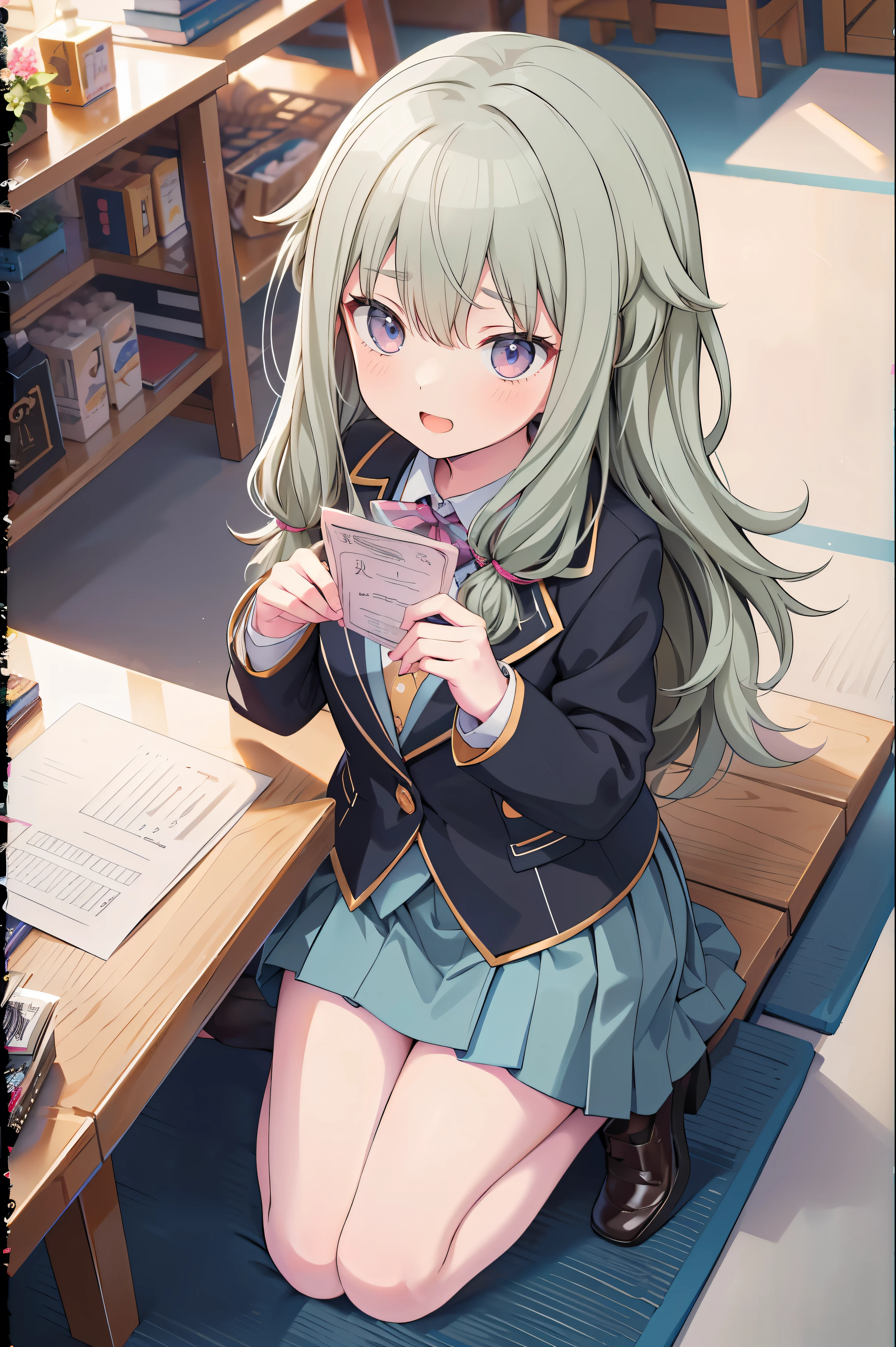 (8k, 最high quality)、Ultra-high resolution、adorable、最high quality, beautiful, (((Absurd beauty)))、school uniform、blazer、high quality、Shiny Hair、Very fine and beautiful bright eyes、Medium chest、nose blush、Very detailed, clear and beautiful face, Awards, (Anatomically correct), (((from above)))