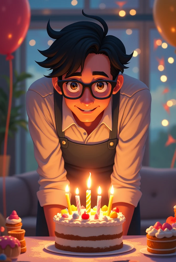 Can u generate an adult father with glasses anime version blowing out candles on a birthday cake