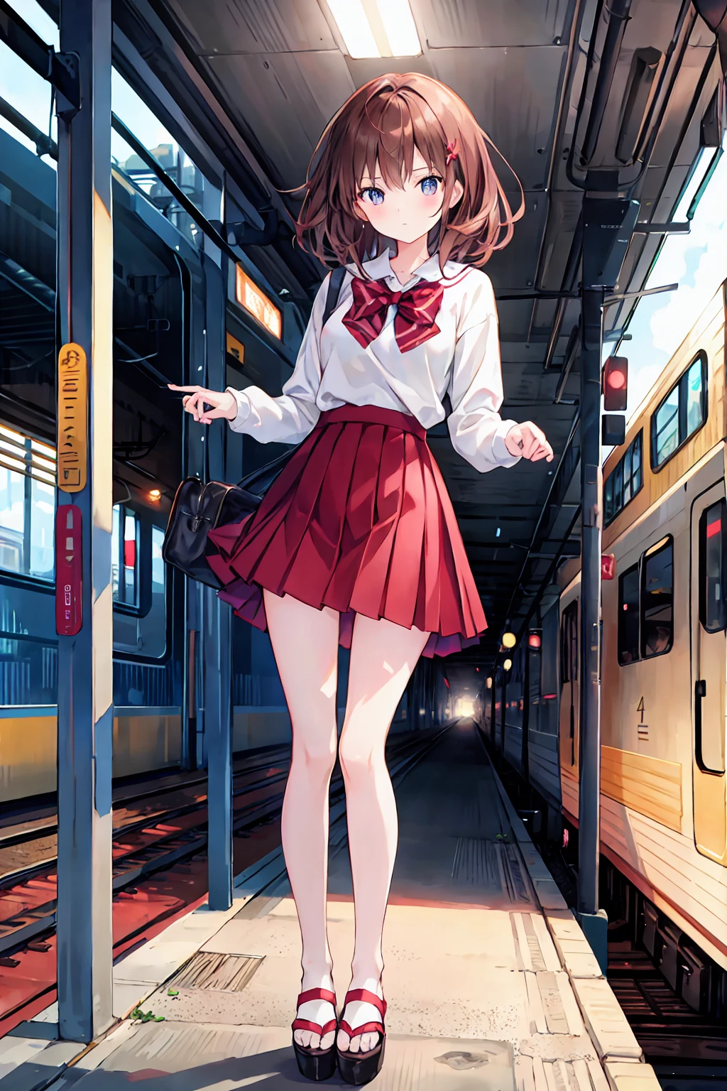 mist train，２０About the age，station，platform，Summer Sweater，Red tight skirt，train，，Brown Hair，Shortcuts，Messy Hair，Slender beauty，Beautiful feet，