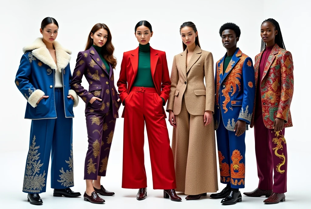 Russin girl wearing blue suit with lot of snow patterns and fur ,((korean girl)) wearing red suit with green shirt and lot of chinese dragon patterns , turkish girl wearing beige suit with lot of arabic patterns , african firl wearing puple suit with lot of orange pattern , american girl wearing blue red suit with lot of american eagle patterns ,high classic shoes , differents poses , oversize pants , photo shooting , models, white background , cineamtic , full body , space between them 