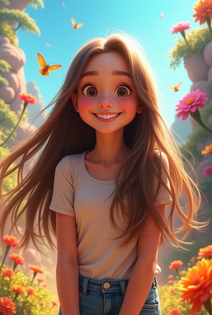  girl, with long straight brown hair, White skin, smiling disneypixar 3D

 
