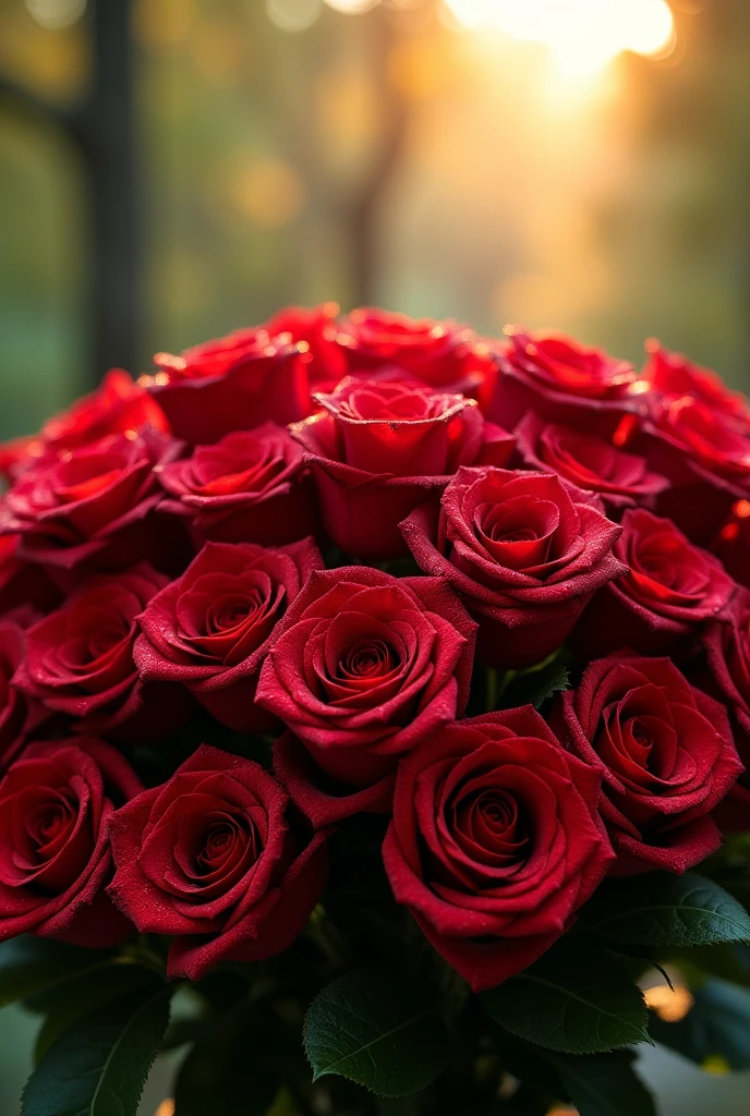 A bouquet of 100 bright red roses 
