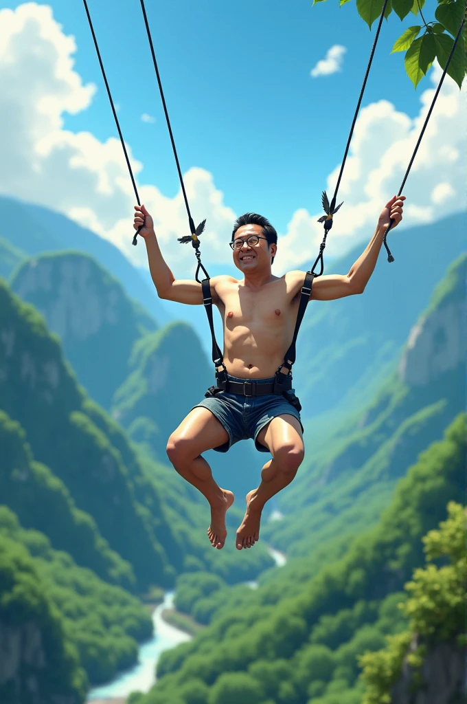 Please give me a picture of Fumio Kishida doing a bungee jump naked.