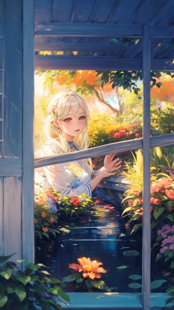  (((sfw:1.5)))、A girl in a garden, transparent, blending into the background, medium:oil painting, detailed eyes, detailed lips, extremely detailed face, long eyelashes, natural beauty, peaceful atmosphere, floral surroundings, soft sunlight, warm color tones, highres, vivid colors, bokeh、