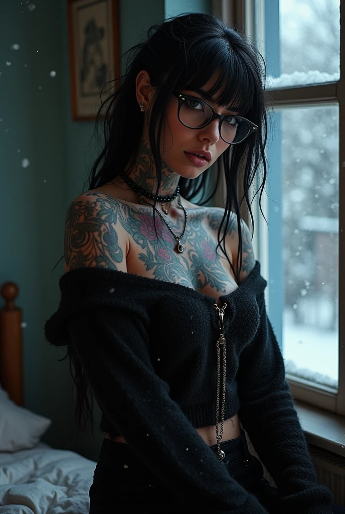 masterpiece, 1 woman, beautiful, Tattoo, covered in Tattoo, Tattoo covering body, body being covered in Tattoo, arm Tattoo, neck Tattoo, face Tattoo, Tattoo on arms, Tattoo on neck, punk, distance, sweater, off the shoulder, bedroom, Mascara, eyeliner, Smoky snow, smokey eyes, evil, Side bangs bangs, glasses