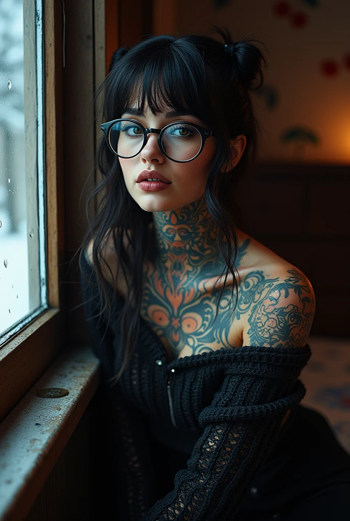 masterpiece, 1 woman, beautiful, Tattoo, covered in Tattoo, Tattoo covering body, body being covered in Tattoo, arm Tattoo, neck Tattoo, face Tattoo, Tattoo on arms, Tattoo on neck, punk, distance, sweater, off the shoulder, bedroom, Mascara, eyeliner, Smoky snow, smokey eyes, evil, Side bangs bangs, glasses