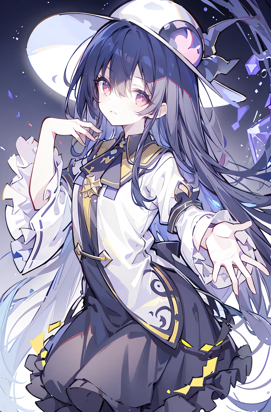 oung Girls,Humanity,A magician always smiles,big witch hat,cute,dark blue long hair,The eyes are dull,The bangs are heavy,Thin eyebrows,fantasy,intake,Double teeth,Star Theme,Constellation pattern,Solid color clothetal decoration,cloak,A bit of a dark atmosphere,A little crazy smile,When the big moon shines outside at night,blood,Hair black star embellishment,Short tie,No nails,High waist skirt,Bell sleeves,Long-sleeved shirt,Black tie,low risk,gentlemen。Mist、Yellow and white effect,Shocking pink as an accent color