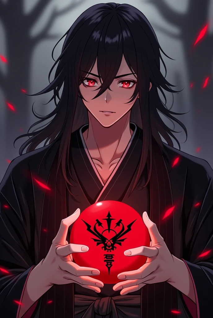 Anime, Male, long hair, black hair, immortal-like appearance, dark souls atmospheric, black dark striped kimono, holding a red ball of energy with a mysterious crest.