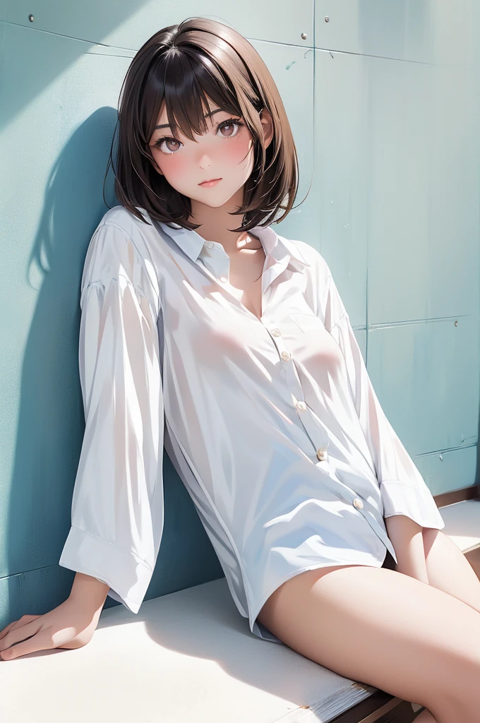 High Definition, Beautiful Japanese Idol Teenage Girl with Dark Hair, Dark Beautiful Droopy Eyes, ((Very Short Hair)), Silk Skin, Blush, Bashful Face, Photorealistic, Portrait, Masterpiece Painting, One Woman (White Shirt:1.5), Flat Breasts, 8K, Leaning Against White Wall, Shadow, High Contrast