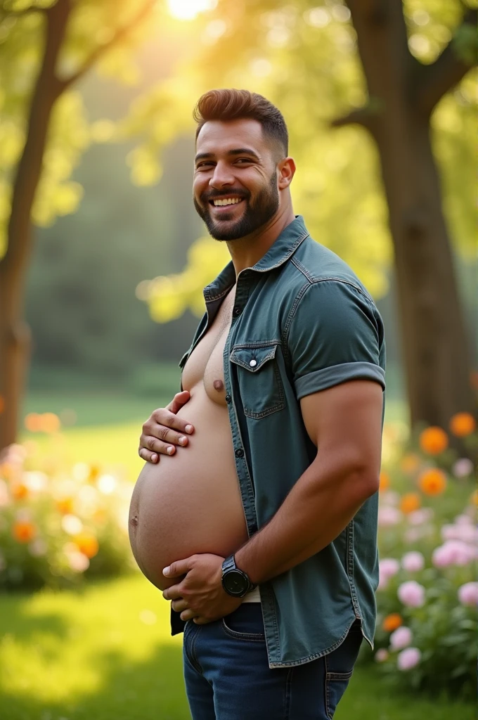 A pregnant man with a belly and handsome 