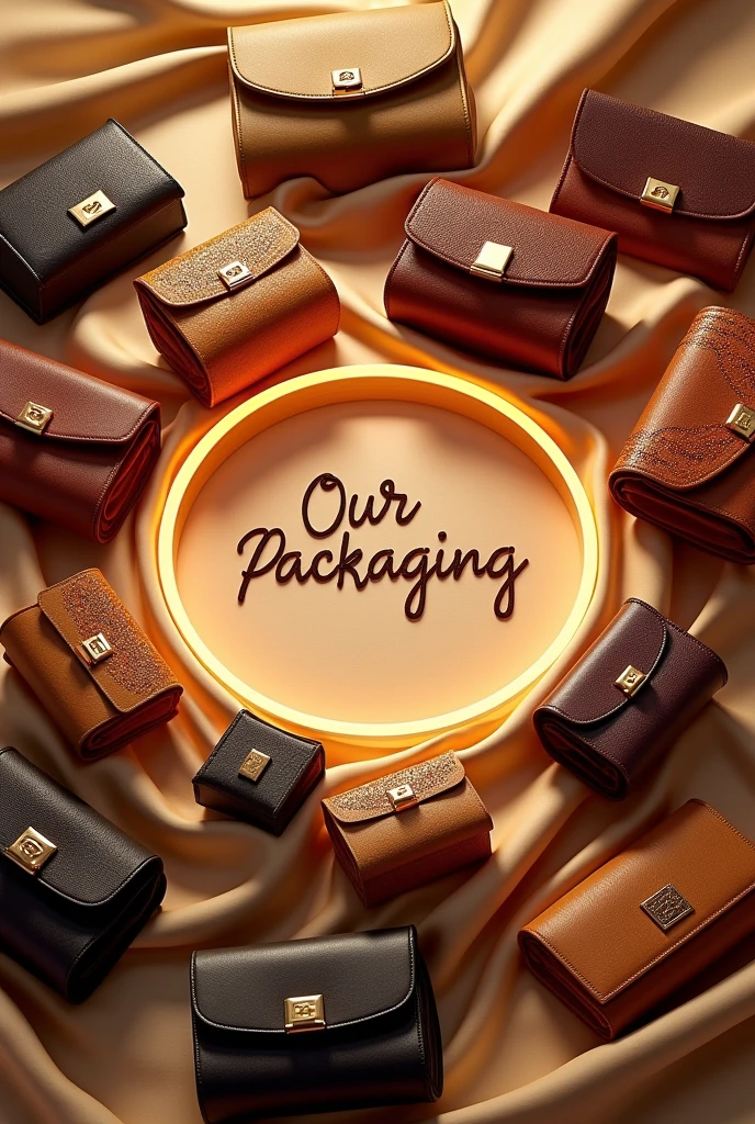 Create a realistic circullar image  full of luxury bags and weite "Our packaging" in the centre of image in a circular shape