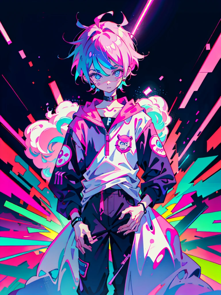 Anime Boy, Neon purple hair, And pink color, wounds, a sticker, Neon style throughout the shot, Cool pose,Neon background