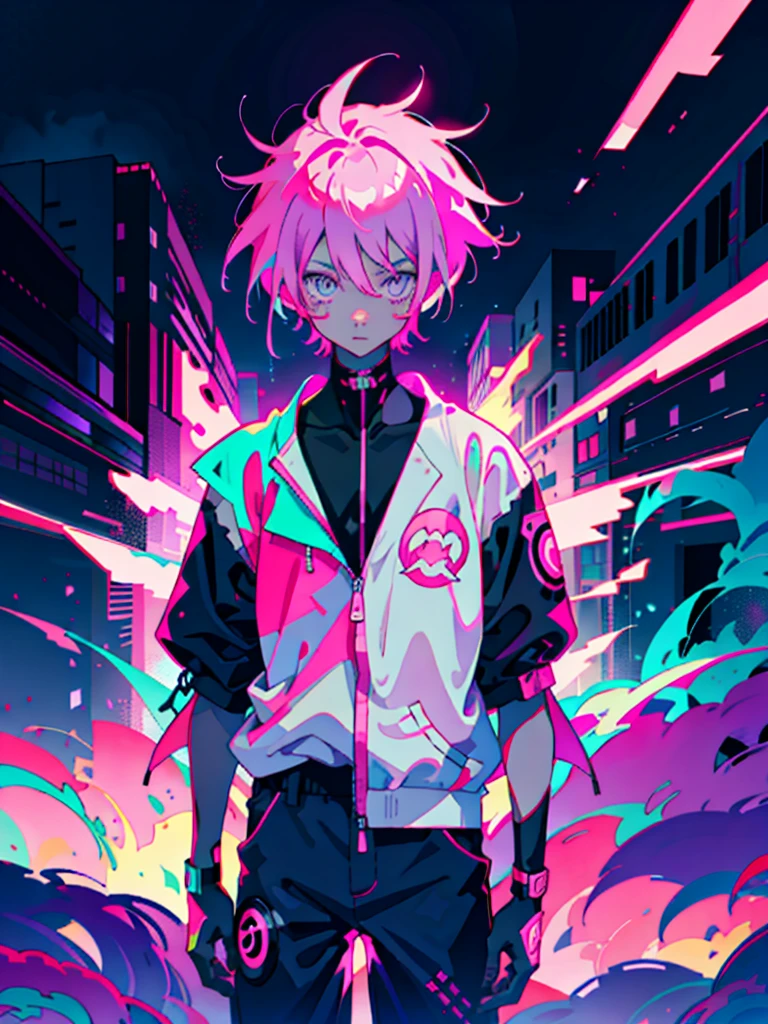 Anime Boy, Neon purple hair, And pink color, wounds, a sticker, Neon style throughout the shot, Cool pose,Neon background