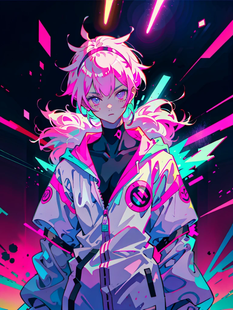 Anime Boy, Neon purple hair, And pink color, wounds, a sticker, Neon style throughout the shot, Cool pose,Neon background