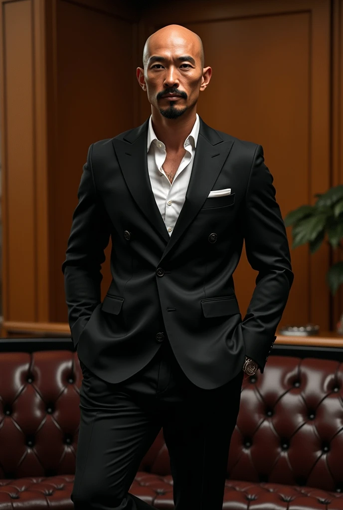 40 years old,Hidetoshi Nakata,(Kogoro Mori 1.3),whole body,Lean,muscle,office,black,foot,Suit,foot抬起,sofa,Baldhead ,transparent,Thick body hair,underwear,Topless,Densely hairy,Fortitude,HD,With a mustache