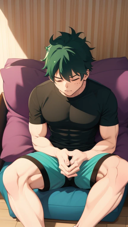 Japan Boy、Well-developed muscles and smooth skin、Fluffy, voluminous, bright green hair、Polka dot boxer briefs、See your whole body from head to toe、Hero Academy、Sleeping on the sofa set