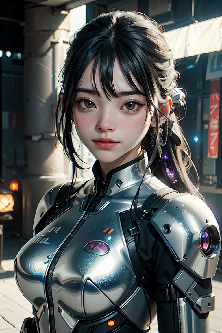 game art，Best picture quality，highest resolution，8ก，((half length photograph))，((Portrait))，(Third rule)，Unreal Engine 5 rendering works， (future girl)，(Female warrior)， 22 year old young hacker)，(ancient oriental hairstyle)，(Beautiful eyes full of details)，(big breasts)，(eyelid)，elegant and charming，indifferent，((frown))，(A battle suit filled with futuristic technology.，The outfit combines futuristic power armor and，The clothes are decorated with glittering patterns and symbols.)，Cyberpunk characters，In the form of the future， Posing for pictures，city background，lamp，Ray Tracing，CG game，((Real 3D engine))，OC rendering format