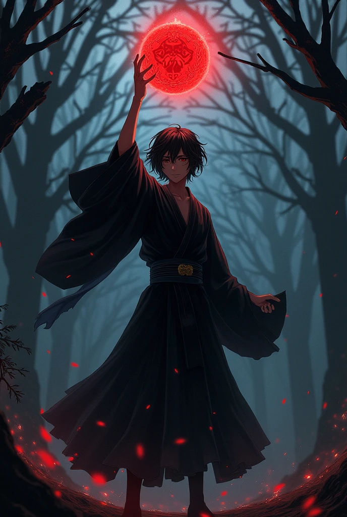 Anime, Male, long hair, black hair, immortal-like appearance, dark souls atmospheric, black dark striped kimono, holding a red ball of energy with a blood crest.