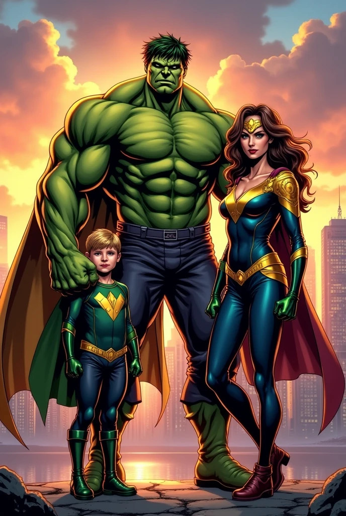 Hulkman in hero costume with son and wife