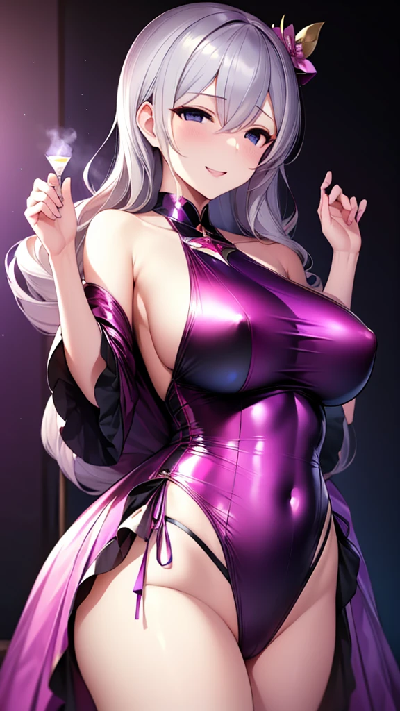 erotic、Kantai Collection　Kashima、tall、 mature, Married women, Purple shiny latte-style one-piece swimsuit、Off the shoulder、邪evilな女戦闘員, Pink and black background, Pitch-dark bedroom, Dark Theme, evil, lure, excited, A condescending grin, Lightly open your mouth、Sexy pose, Upper Body,