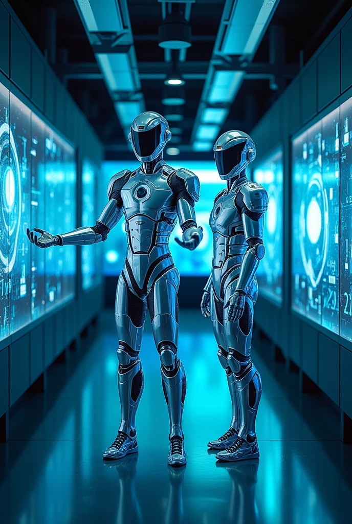 {
"size": "1024x1024",
"prompt": "In a futuristic laboratory setting, Neutron, wearing the same advanced armor as shown in the provided image, stands beside Proton, who is also in bright, futuristic armor. Neutron makes a balancing gesture with both hands, while a detailed holographic display shows protons and neutrons moving together within the nucleus of an atom. Proton stands nearby, emphasizing the stability and importance of the carbon atom. The laboratory is high-tech, and the holographic display clearly depicts the interaction and balance between the protons and neutrons, highlighting their cooperative role in maintaining nuclear stability."
}