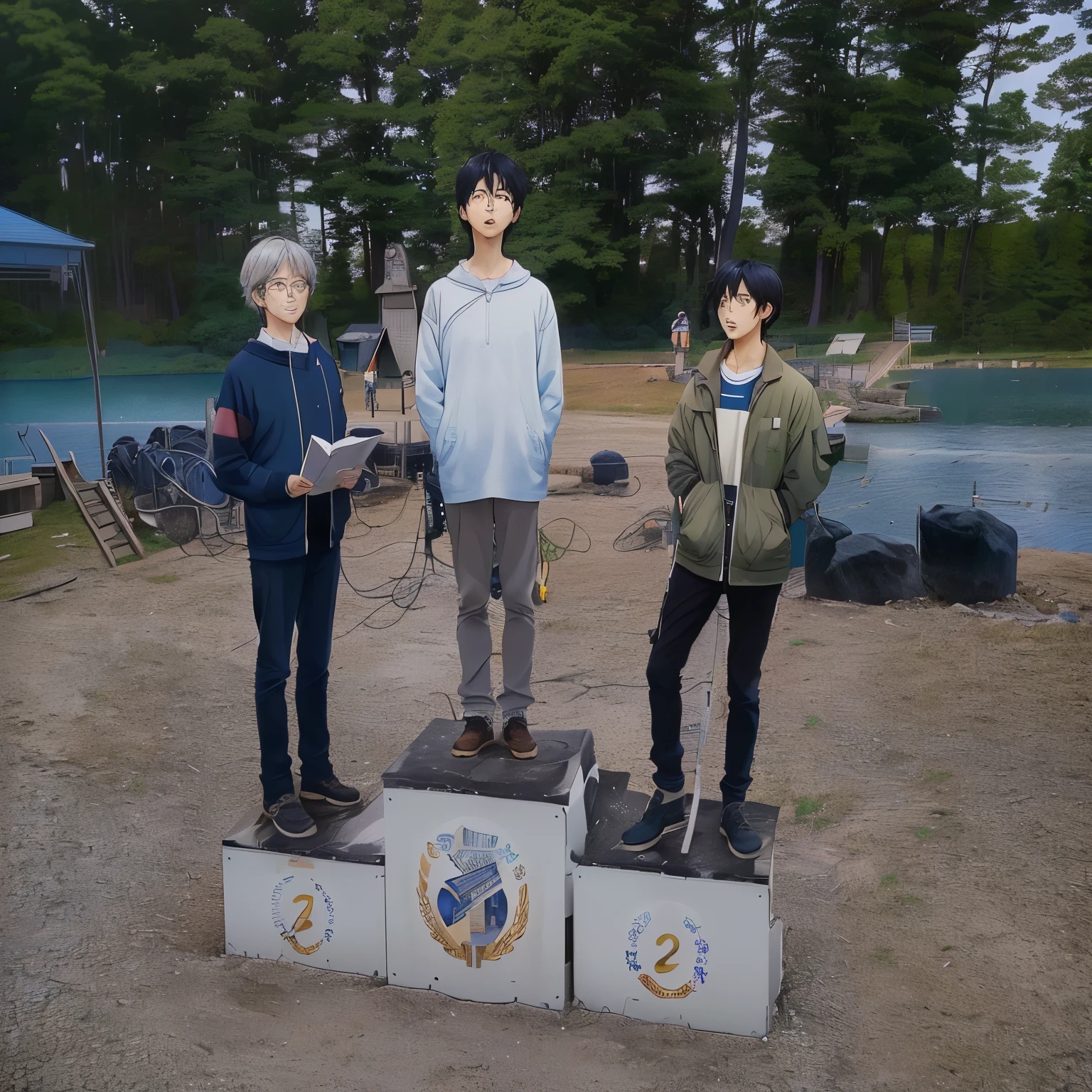 An anime scene of one person standing on the podium with two others, Anime countryside landscape, ,author:Kiyochika Kobayashi, author:Kentaro Miura, Ghibli art style, Ghibli art style, studio Ghibli art style, ( ( Makoto Shinkai ) ), Today's featured anime stills, author:Hiroshi Yamagata, Makoto Shinkai's art style