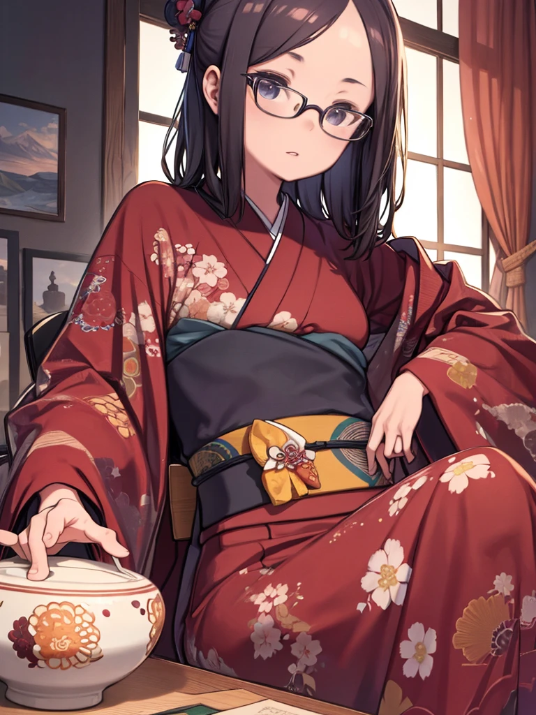 (One person:1.3), masterpiece, Highest quality, Great beauty, [[3d]], 4K, Absurd, In detail, Highly detailed eyes, Perfect Anatomy, Official Art, Cinema Lighting, Japanese woman in kimono, Playing the shamisen, Reflecting the evening light. Glasses, Glasses