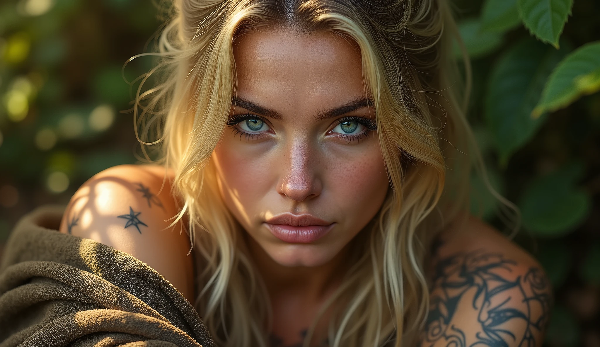 a viking woman, laying in a forest, detailed face, cleavage, blonde long hair, (best quality,4k,8k,highres,masterpiece:1.2),ultra-detailed,(realistic,photorealistic,photo-realistic:1.37),detailed eyes,beautiful detailed lips,extremely detailed face,longeyelashes,digital painting,trending on artstation,realistic lighting,vivid colors,warm color tones