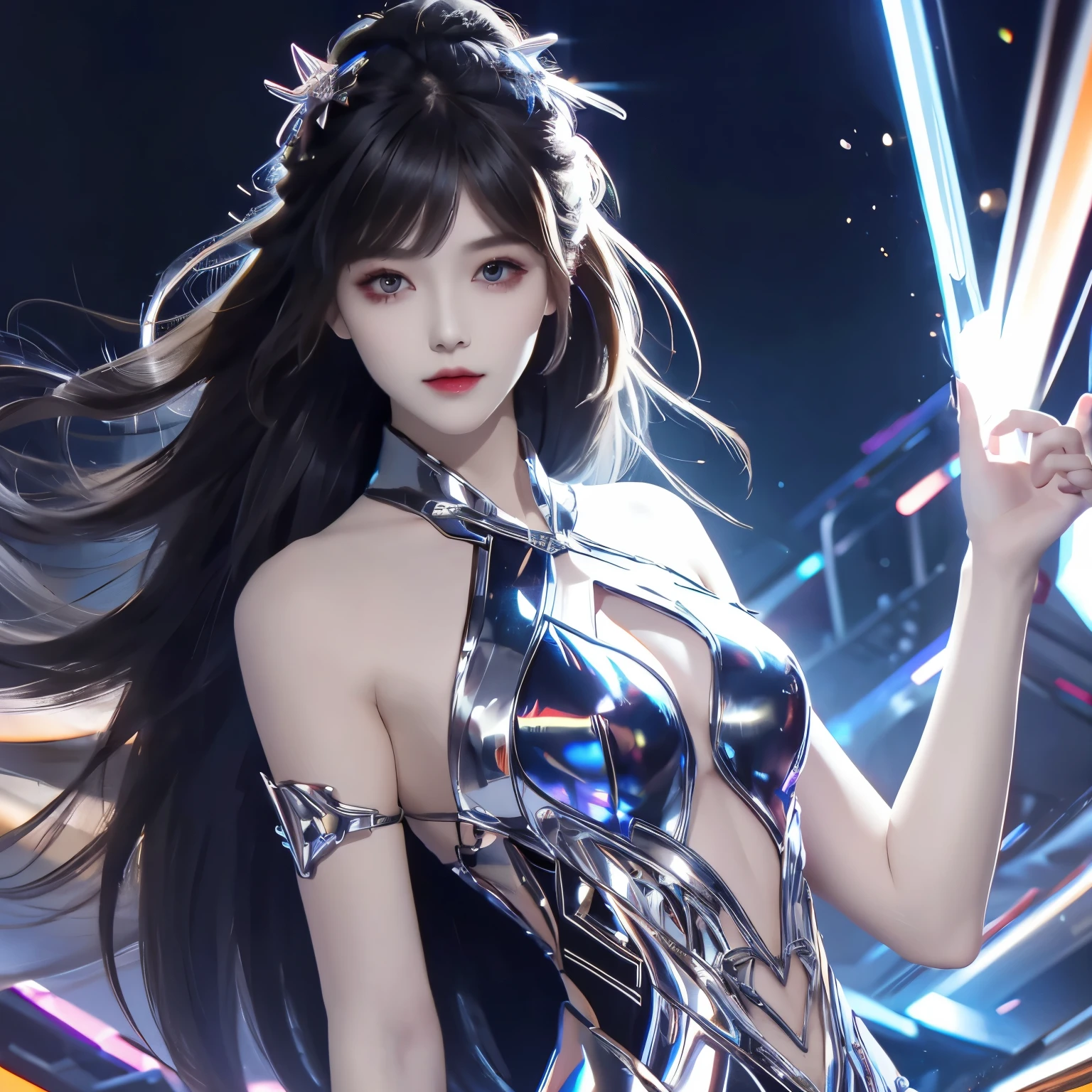 4k ultra hd, masterpiece, high details, a girl, cute face, detailed eyes, long hair, detailed lips, medium breasts, orange neon lights on dress, Cyberpunk orange dress, orange neon lights connected on dress, neon breasts, bare waist, electric current effect, glowing effect, direct-x 2.0, high graphic nigh lights, spreading light, light reflection, light reflection on road, light reflection, everywhere spreading lights, neon lights, whole body capture,