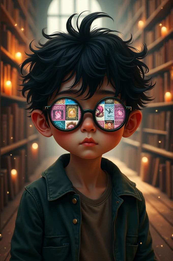 dark boy, with glasses that show books 