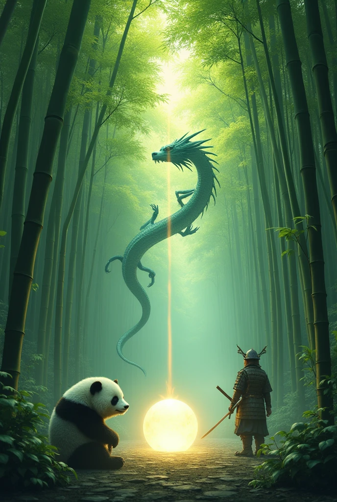 Create a mesmerizing image set in a dense bamboo forest. Tall, slender bamboo stalks rise high into the sky, their vibrant green leaves forming a natural canopy that filters the sunlight, casting dappled shadows on the forest floor. The scene is tranquil, with a soft mist hovering close to the ground, adding an air of mystery and serenity. In the center of the image, introduce an unexpected and creative element—a floating, glowing orb that emits a soft, ethereal light, contrasting with the natural surroundings. Nearby, a majestic panda sits calmly, observing the orb with curiosity. To the side, a samurai in traditional armor stands poised, holding a katana, as if guarding the forest or drawn to the orb's mysterious energy. High above, a mythical dragon serpentines through the bamboo, its scales shimmering in the dim light. The composition should evoke a sense of wonder and magic, blending the natural beauty of the bamboo forest with the surreal and imaginative