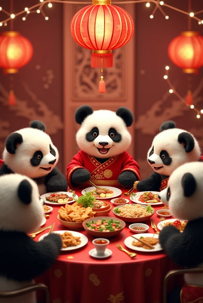 A group of pandas wearing red clothes for the New Year,Gathering around for the New Year's Eve dinner,Pandas of different ages,happy atmosphere,Cute realistic style,Chinese style in the background