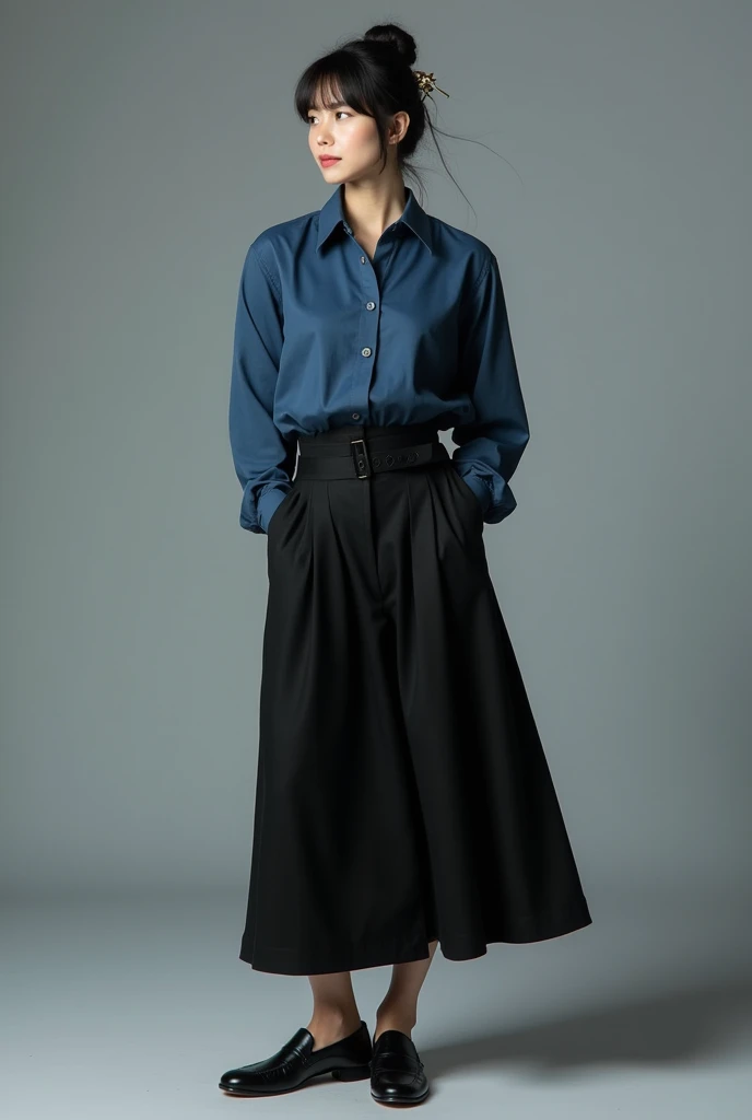 beautiful girl, American Chinese, with blue eyes and bangs, hair bun with chinese hairpins, 22, Dark blue shirt, Black long culotte skirt, Comfortable loafers, outfit Stylish Elegant Comfortable Confident Minimalistic Restrained Classic Modern Practical Laconic;  courageous character, Kind, Brave, determination