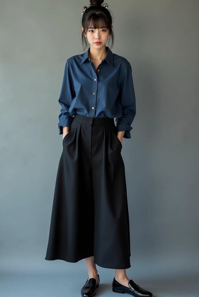 beautiful girl, American Chinese, with blue eyes and bangs, hair bun with chinese hairpins, 22, Dark blue shirt, Black long culotte skirt, Comfortable loafers, outfit Stylish Elegant Comfortable Confident Minimalistic Restrained Classic Modern Practical Laconic;  courageous character, Kind, Brave, determination