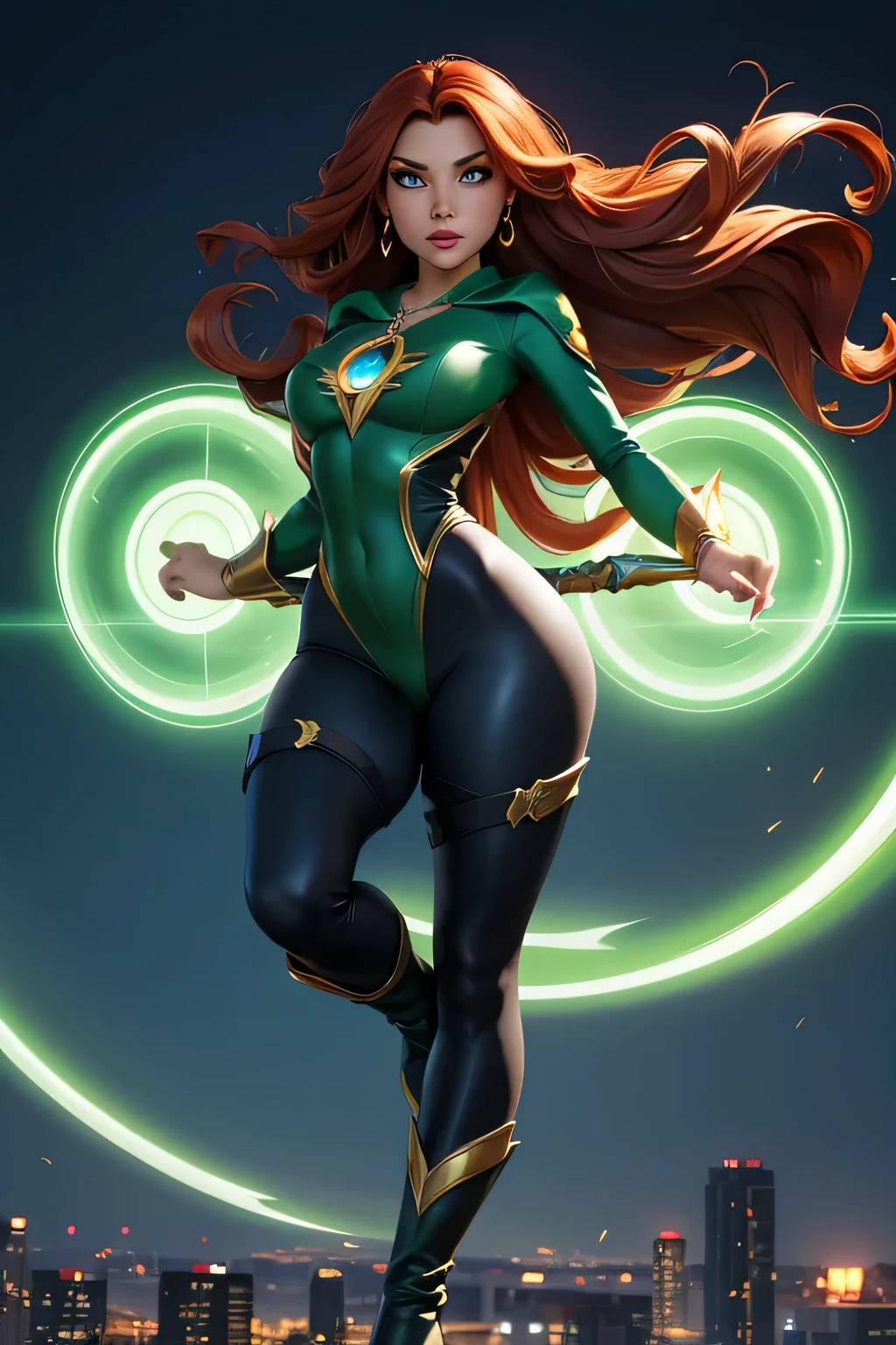 Legacy Lady, a superheroine, creating a glowing energy shield from her pendant to block incoming attacks. She stands firm, her eyes focused, as the shield deflects enemy projectiles. She has very long shining redhead and outward curl hair, She wears a long-sleeve leotard, high-cut pants, and thigh-high boot tights. Her costume is all shining green. Adorned with an emerald pendant, full body shot, Legacy Lady, a superheroine, creating a glowing energy shield from her pendant to block incoming attacks. She stands firm, her eyes focused, as the shield deflects enemy projectiles