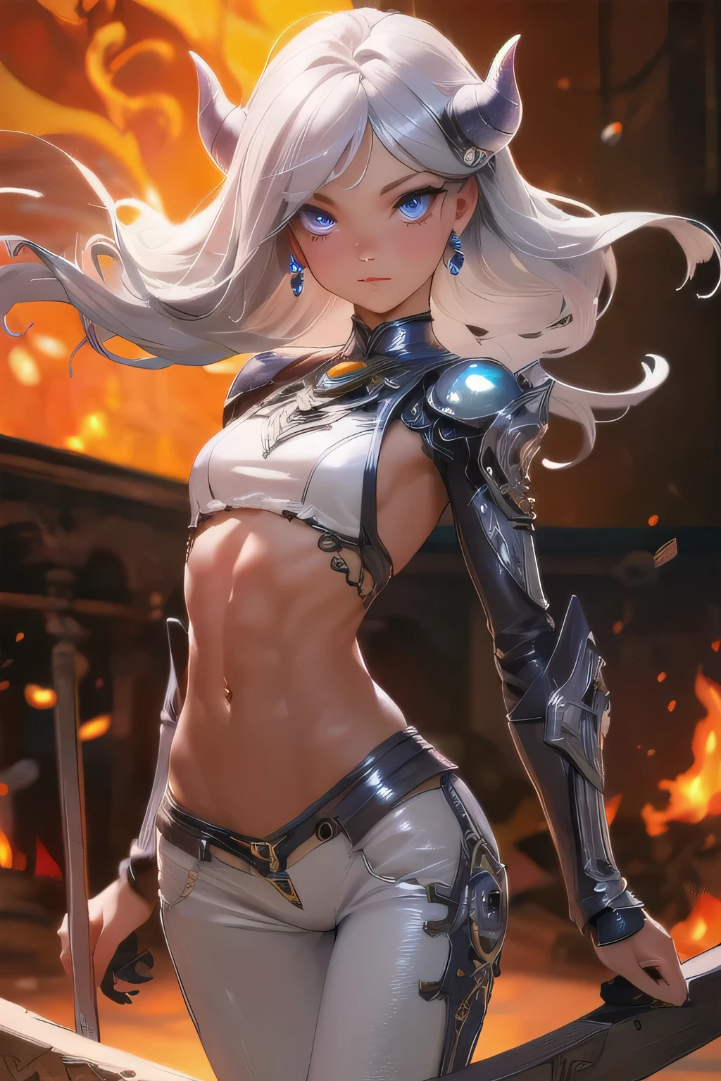 ((Highly accurate drawing in every detail)Extremely precise depiction)[High resolution],(detailed illustrations,Very fine and detailed drawing,Delicate drawn lines with tempo,Realistic texture expression),[color traced main line],(Fantasy World Battlefield Background [burning castle]),(GIRL ROBOT  (White Devil [METALFACE[clear lenticular iris]] (SKINNY)) [WEAPON MACHINE][milky],abs, belly button、[BODY with EDGE [Transparent material]],[use an ax as a weapon],[[Mobile Weapon Gigant Size][science fiction mechanical]],(Pearl white luster on the body surface),(intricate and beautiful decoration [Dense detail]),(Precisely drawn face)[perfect eye details(Beautifully detailed iris)(Eyes like deep jewels)],(eyes light[Pinpoint lighting for the eyes]),[long and beautiful eyelashes],[precisely drawn hair [Beautiful and shiny hair details]],(perfect hand details [Beautiful fingers with no damage [beautiful nails]]),(perfect anatomy(perfectly balanced proportions))[[full body portrait]],[ideal color coordination(Accurate simulation of light and material interactions)],[Visual art that tells a story],((highest quality)fine[[High density drawing]])(4K Quality).