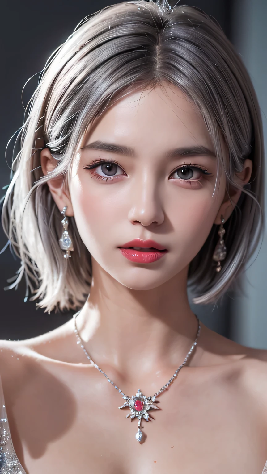 very cool,One person,jewelry,Multicolored Hair,Silver Hair,Gray Hair,alone,necklace,short hair,whole body,Earrings,Red lips,avert your eyes,Exposing shoulders,Look to the side,compensate,lipstick,, Highest quality , masterpiece, figure, Very delicate and beautiful, Very detailed ,CG,Unity,8k wallpaper, wonderful, In detail, masterpiece, Highest quality,Official Art,Very detailed CG Unity 8k wallpaper,Absurd, incredibly Absurd, Large file size , Very detailed, High resolution, Very detailed,Beautiful detailed, Very detailed eyes and face, Beautiful attention to detail,Light on the face,