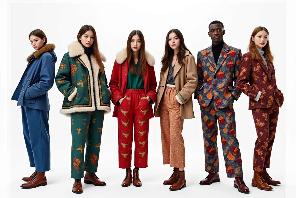 Russin girl wearing blue suit with lot of snow patterns and fur ,((korean girl)) wearing red suit with green shirt and lot of chinese dragon patterns , turkish girl wearing beige suit with lot of arabic patterns , african firl wearing puple suit with lot of orange pattern , american girl wearing blue red suit with lot of american eagle patterns ,high classic shoes , differents poses , oversize pants , photo shooting , models, white background , cineamtic , full body , space between them