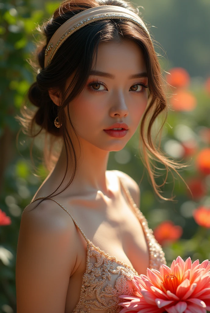 (masterpiece, best quality:1.5), highest quality, High resolution, super detailed, Realists, Full body photo of a 22-year-old brunette woman, detailed and beautiful eyes, beautiful detailed lips, very detailed eyes and face, longeyelashes, 22-year-old woman wears a long evening dress made of shimmering satin fabric, Beautiful and colorful makeup, elegant and noble々Pose,shiny satin headband, grind, Holding flowers, Gardens as background, soft daylight, bright colors, fine brushstrokes, Portrait style, Noble details in the dress fabric, beautiful color palette, glowing skin, First-class rendering, that captures every detail, enchanting atmosphere, subtle shadows and lights, (perfect anatomy:1.2), (The stunning 22-year-old woman presents herself (magnificent panorama view:1.2)
