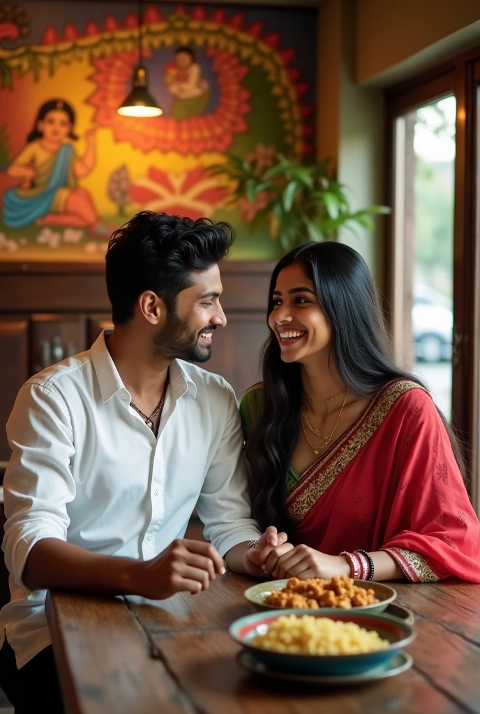 An  Indian slim men wearing a shirt is sitting with an 18 year old Indian woman