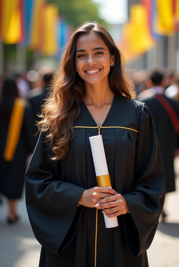 a young adult Brazilian woman majoring in journalism, with a black gown and hat with gold details, cabelos castanhos ondulados