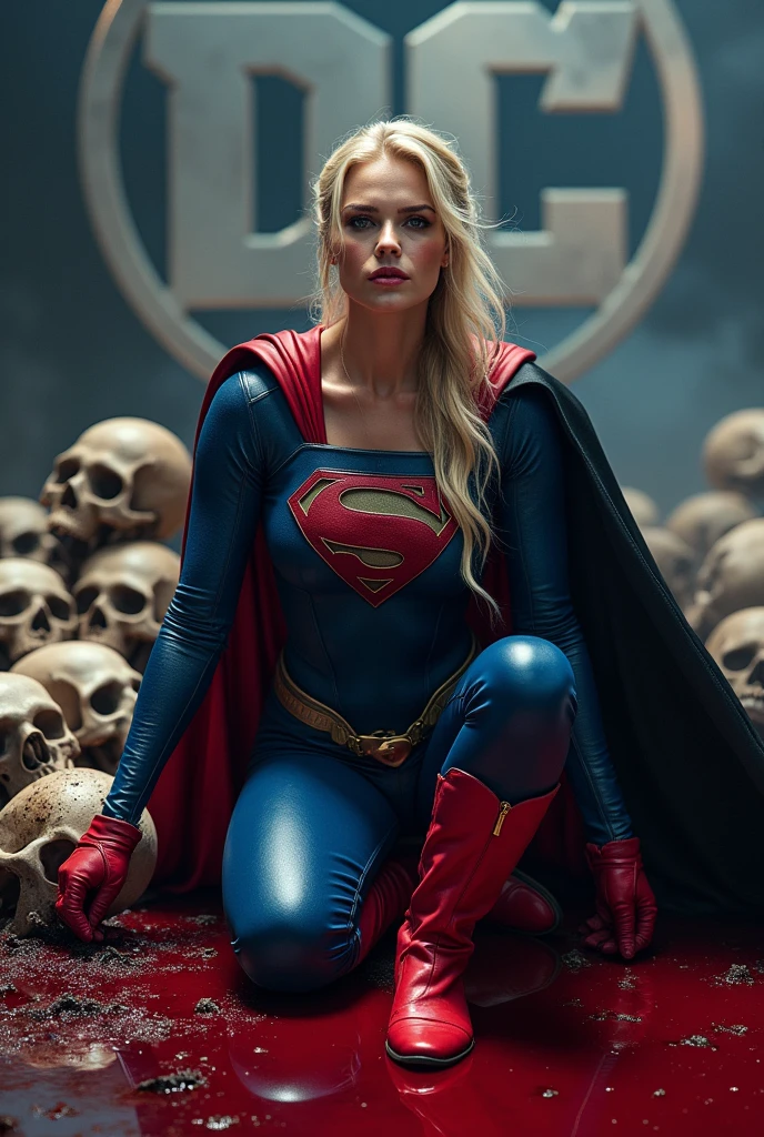 A beautiful blonde woman Adriana Lima under the mantle of Kryptonian Kara zor-El alias Supergirl wearing a blue leather jumpsuit combined with black red cape gloves and red leather boots Superman Man Of Steel Movie emblem on her chest kneeling screaming exhausted after a battle blood around her skulls and a lot of blood hair pulled back in a ponytail reflection of her in her blood logo Dc universe in the background