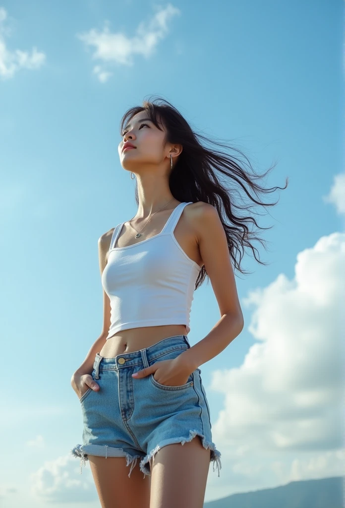 Beautiful woman standing on the mountain top、Look up at the sky、Hold your hand over your forehead、Hair fluttering in the wind、Black Tank Top、Realistic photo、Professional photography with attention to detail