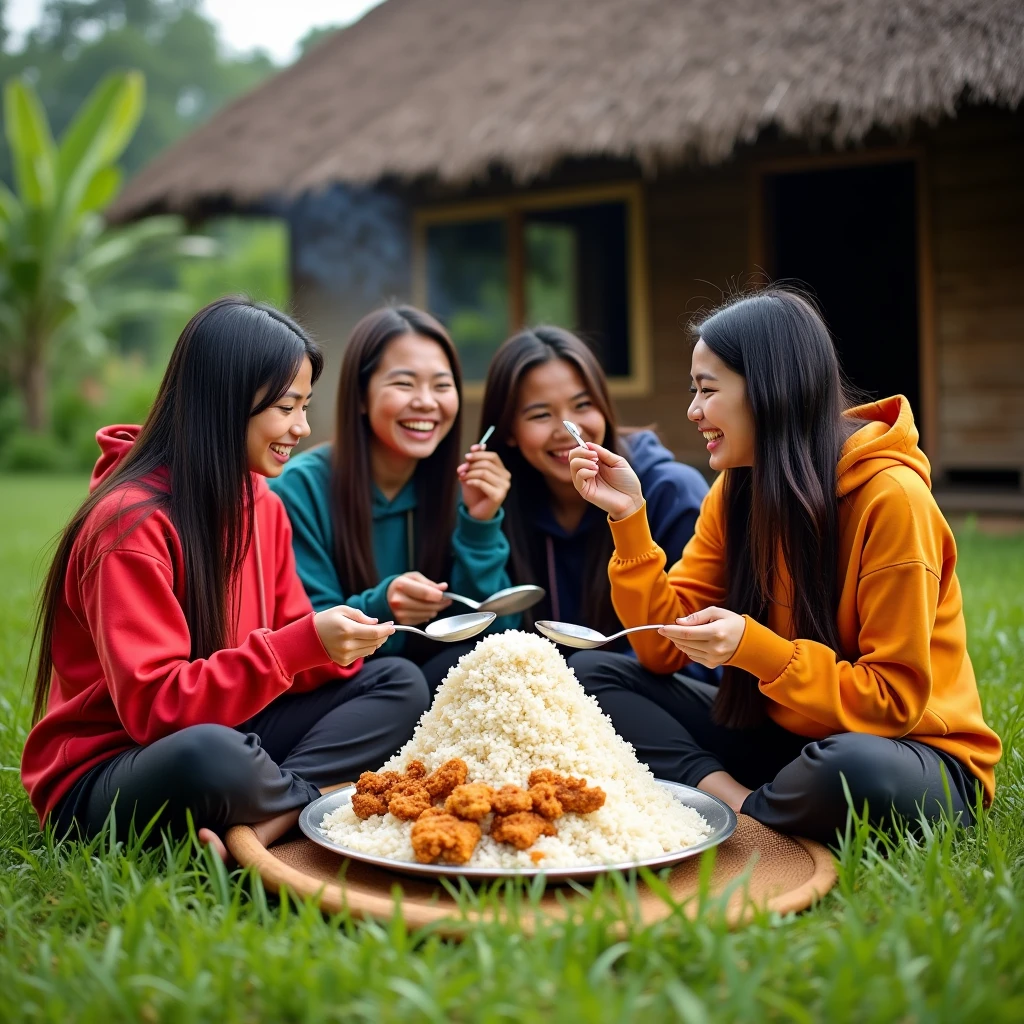 4 beautiful Indonesian women with flowing hair, wearing a hoodie and long pants, sitting cross-legged behind a village house while eating a jumbo plate of rice with fried chicken, right hand holding a large spoon, Located in the countryside, minim diffect, ultra details