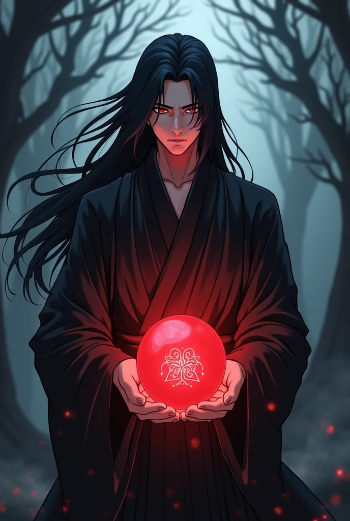 Anime, Male, long hair, black hair, immortal-like appearance, dark souls atmospheric, black dark striped kimono, holding a red ball of energy with a mysterious crest.