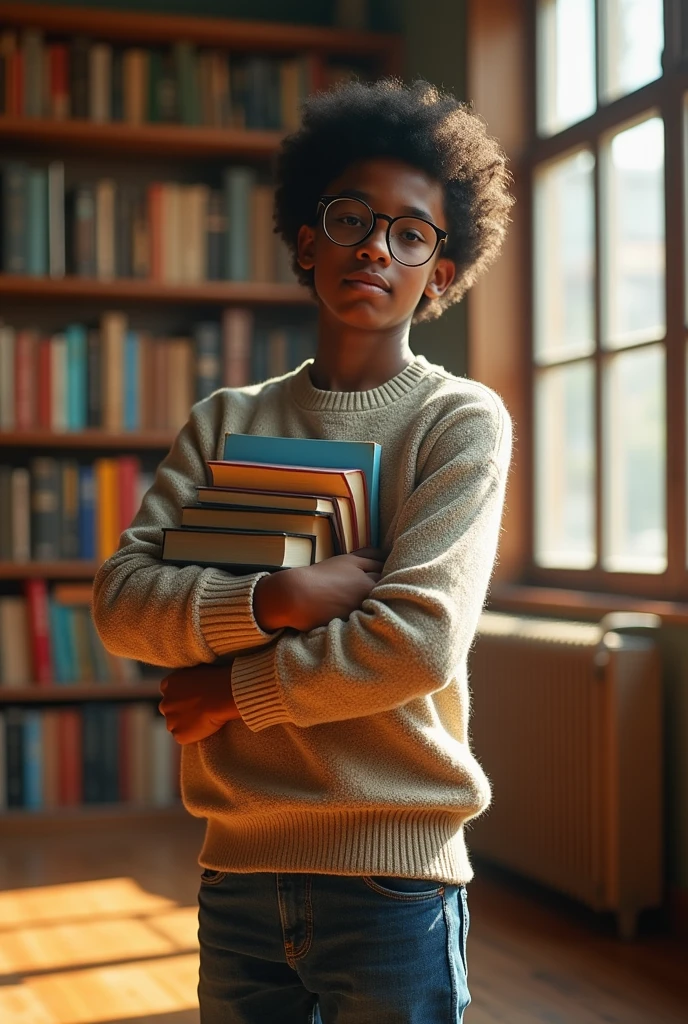 teenage boy, moreno, with glasses, that he teaches books in his hand and looks aesthetic