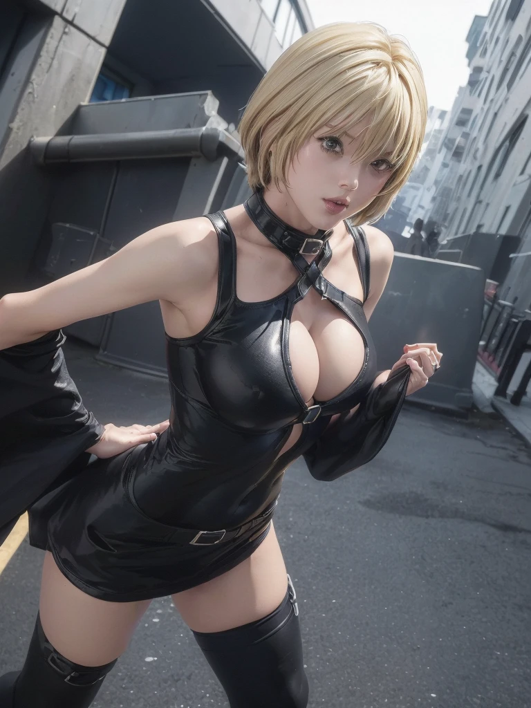 kurosaki mea、最high quality、high quality,, ((Masseter muscle area)), ((High resolution)), ((最high quality)), detailed, ((Glowing Skin)), (High leg bodysuit:1.2)、and, ((huge 、Blonde、Short Bob))、(Black Bondage, Black hot pants), Voluptuous bust, exposed navel, Bowl-shaped big breasts, (View from the front、Looking at the audience:1.5)、(Pause:Standing with your legs apart:1.4, Standing still:1.4), ((background:On the streets of the city:1.4))