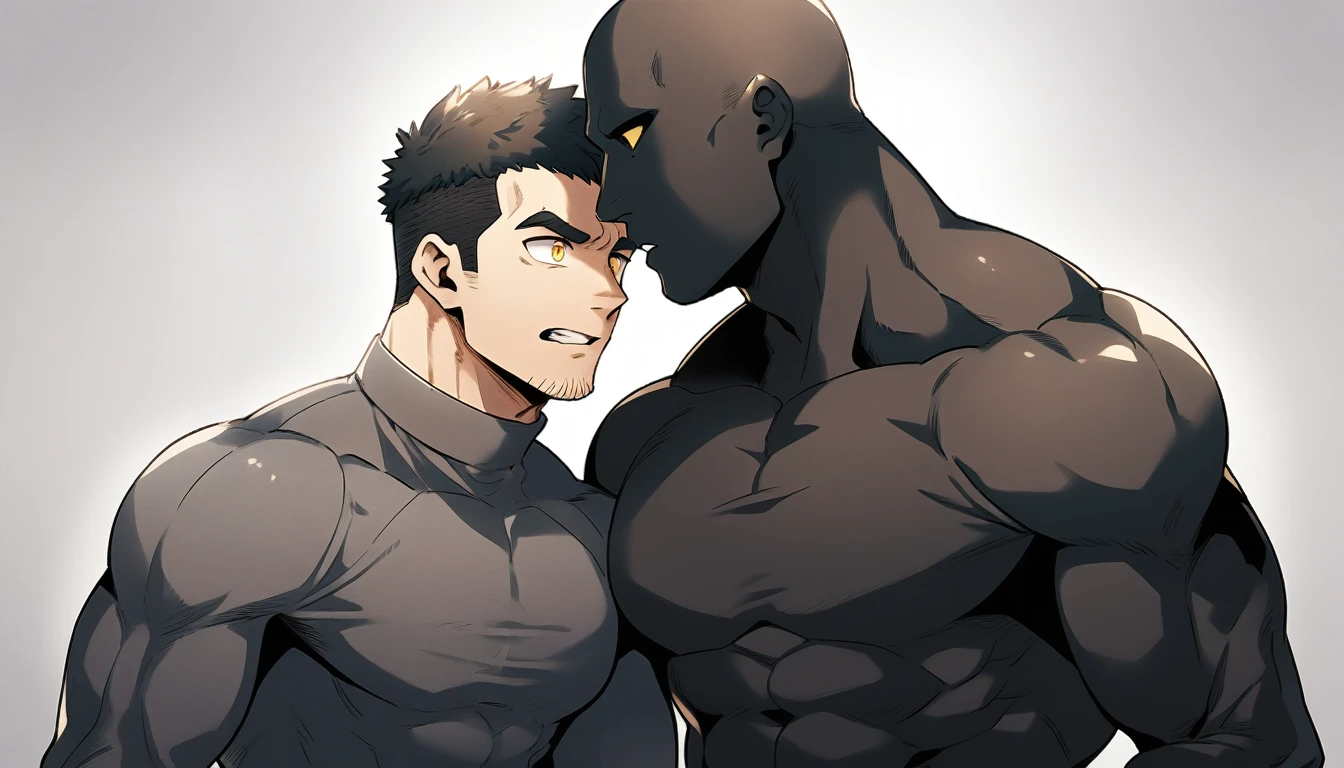 anime characters：Two superheroes in tights, Muscle Sports Student and Muscle No Face skinhead superhero, No Face, negro black skin, They hugged and kissed each other, Bite your neck, Caress, Manliness, male focus, Yellow and black high collar long sleeve tight T-shirt, Slightly transparent material, Very tight, Round, full and perky chest muscles, Muscle waist, Slightly transparent, muscular male, muscular, only, Upper body, alone, Black short hair, Thick eyebrows, stubble, Yellow eyes, Grey background, simple background, amazing quality, best aesthetics, Ridiculous, bright pupils, crew cut, parted lips, embarrassed, endured face, shy, best quality