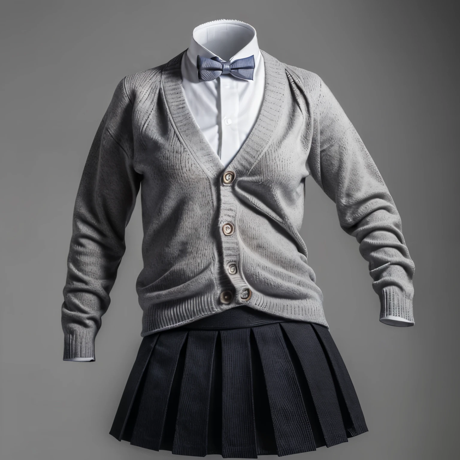 (invisible, no humans, headless, handless, faceless:1.5),cute big breasts, dynamic angle, (cardigan, bowtie:1.3), (school uniform, pleated skirt, black footwear, white socks, loafers, grey skirt, loose socks), high resolution, (8k, RAW photo, best quality, masterpiece:1.2), (realistic, photo-realistic:1.37), photon mapping, radiosity, ((Hasselblad photography)), physically-based rendering